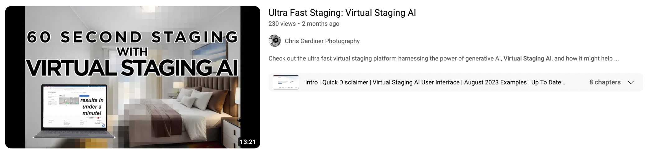YouTube thumbnail and information of an uploaded video for Virtual Staging AI