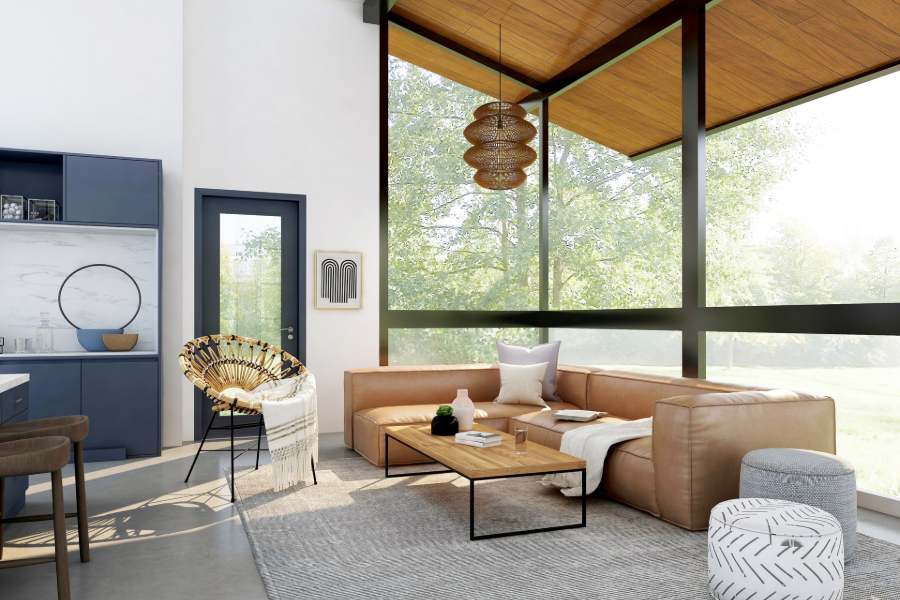 High ceiling living room with glass windows